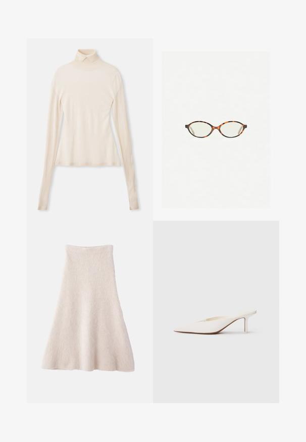 Romantisch crème coltrui gemaakt van zachte, gladde stof, met lange mouwen, een getailleerde pasvorm en een lichte rek voor comfort.; Een lichtbeige A-lijnrok van zacht, gestructureerd materiaal, met een gladde tailleband en een vloeiende silhouet.; Witte muiltjes met spitse neus en een lage stilettohak. Gemaakt van glad materiaal met een minimalistisch ontwerp en subtiele tan kleurige zooldetails.; Kattenoogbril met ovale lenzen en een strakke, gladde afwerking. Heeft dunne zijkanten met een subtiele kromming bij de slapen. Transparante lenzen.; Bruine leren handtas met een klep sluiting, gouden hardware, een schouderband en een gladde textuur. Compact rechthoekige vorm.
