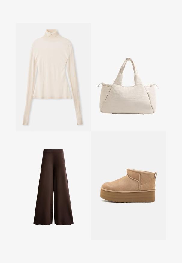 Kremowy sweter z golfem wykonany z miękkiego, gładkiego materiału, z długimi rękawami, dopasowanym krojem i lekkim streczem dla wygody.; Brązowe szerokie spodnie wykonane z miękkiej tkaniny, z wysokim stanem, subtelną teksturą oraz płynną sylwetką bez widocznych zapięć czy ozdób.; Beżowe zamszowe botki za kostkę z miękkim wnętrzem, z platformą i pętlą z tyłu ułatwiającą zakładanie. Teksturowana gumowa podeszwa.; Beżowa pikowana torba na ramię z dwoma uchwytami, zaokrąglonym kształtem, teksturowanym materiałem i boczną kieszenią ze sznurkiem. Gładkie wykończenie, minimalistyczny design.