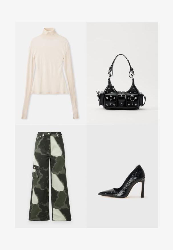 Cremefarbener Rollkragenpullover aus weichem, glattem Stoff, mit langen Ärmeln, einer figurbetonten Silhouette und einem leichten Stretch für zusätzlichen Komfort.; Weit geschnittene Cargo-Hosen in Dunkelgrün mit einem hellgrauen Camouflage-Muster. Ausgestattet mit einer Seitentasche und einem Metallknopf, besteht aus strapazierfähigem Baumwollmaterial.; Schwarzer, spitz zulaufender High Heel mit Krokodilleder-Struktur, elegantem Design, hohem Stiletto-Absatz und glattem schwarzen Innenraum.; Schwarze Lederhandtasche mit einem geschwungenen Design, verziert mit silbernen Nieten, einer Schnalle und zwei seitlichen Taschen. Verstellbarer Träger für verschiedene Tragemöglichkeiten.