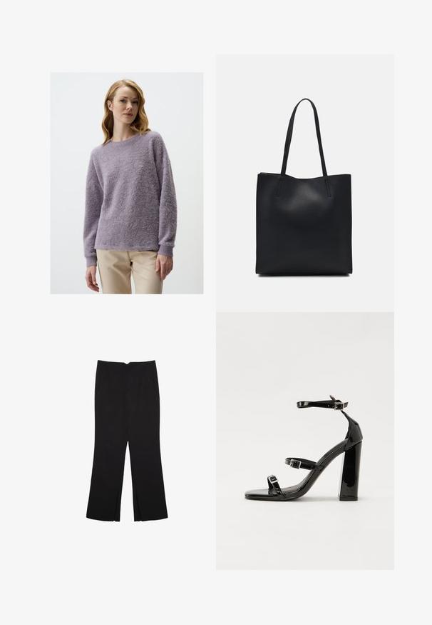 Lila, locker sitzender Pulli aus flauschigem Strickmaterial. Ausgestattet mit einem runden Ausschnitt und langen Ärmeln, kombiniert mit hellbeigen Hosen.; Schwarze Hose mit geradem Schnitt, ausgestattet mit Fronttaschen und Seitenschlitzen am Saum. Hergestellt aus weichem, glattem Stoff. Geeignet für verschiedene Anlässe.; Schwarze patentierte Sandalen mit Absatz, quadratischer Spitze, Knöchelriemen und silbernen Schnallen. Mit einem stabilen Blockabsatz für mehr Stabilität.; Schwarze Laptoptasche aus Leder mit glatter Textur, rechteckiger Form und zwei langen Griffen. Keine sichtbaren Beschläge oder Verzierungen.