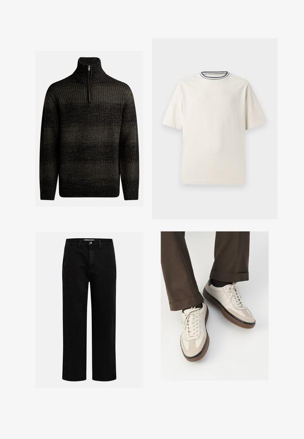 Mørk strikket genser med høy krage og kvart glidelås. Har et teksturert mønster med varierende nyanser av svart og grått.; Kremfarget bomulls T-skjorte med korte ermer, med rund halskant pyntet med marineblå og hvite striper. Glatt tekstur, avslappet passform.; Svarte denimbukser med rett benkutt, klassisk fem-lomme design og knappelukking i livet. Glatt tekstur og slitesterkt stoff.; Beige sneakers med teksturert semsket front, glatte skinnsider og en brun gummisåle. Snører og lys syddetalj inkludert.