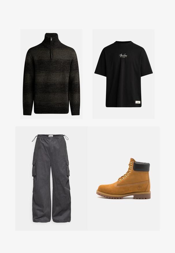 Tmavý pletený sveter s vysokým golierom a štvrtinovým zipsom. Obsahuje textúrovaný vzor s rôznymi odtieňmi čiernej a šedej.; Čierne tričko s krátkym rukávom vyrobené z bavlny. Obsahuje malé biele logo na hrudi a obdĺžnikový štítok v pravom dolnom rohu.; Sivé cargo nohavice s textúrovanou tkaninou, elastickým pásom, šnúrkou a detailmi postranných vreciek. Voľný strih s širokými nohavicami.; Tyrkysové semišové členkové topánky s čiernym polstrovaným golierom, zlatými kovovými očkami, bielym prešívaním a robustnou gumovou podrážkou s výraznými drážkami.