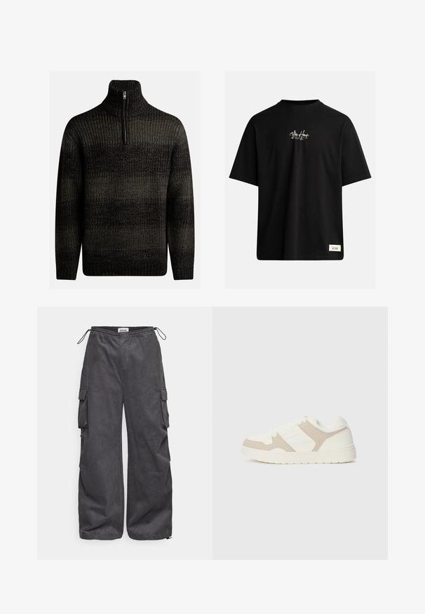 Temno pleten pulover z višjim ovratnikom in četrtim zadrgo. Ima teksturiran vzorec z različnimi odtenki črne in sive.; Črna kratka majica s kratkimi rokavi, izdelana iz bombaža. Ima majhen bel logotip na prsih in pravokotno etiketo spodaj desno.; Sive hlače s teksturirano tkanino, elastičnim pasom, vrvico in stranskimi žepi. Ohlapen kroj z širokimi nogavicami.; Bež in bela športna obuvala z mešanico gladkih in semiš tekstur, okroglo konico, vezalni sistem in raven gumijast podplat.