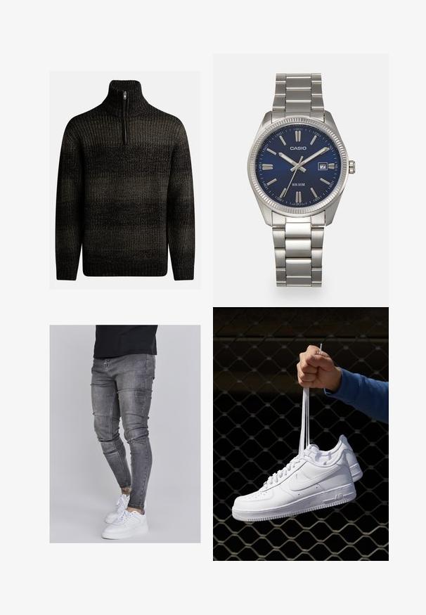 Temno pleten pulover z višjim ovratnikom in četrtim zadrgo. Ima teksturiran vzorec z različnimi odtenki črne in sive.; Oprijete jeans hlače iz izbledele sive denima, z obrabljenimi detajli na kolenih, v kombinaciji z belimi športnimi copati. Gladka tekstura, oblikovan slim fit dizajn.; Bela usnjena športna obutev s perforacijami, okroglo konico, ravnim podplatom in debelimi vezalkami, z vidnim logotipom smoosh in napisom "AIR" na peti.; Srebrna nerjaveča jeklena ura z modrim številčnico, kovinskimi kazalci ter oknom za datum na 3. uri. Vodoodporna do 50 metrov.