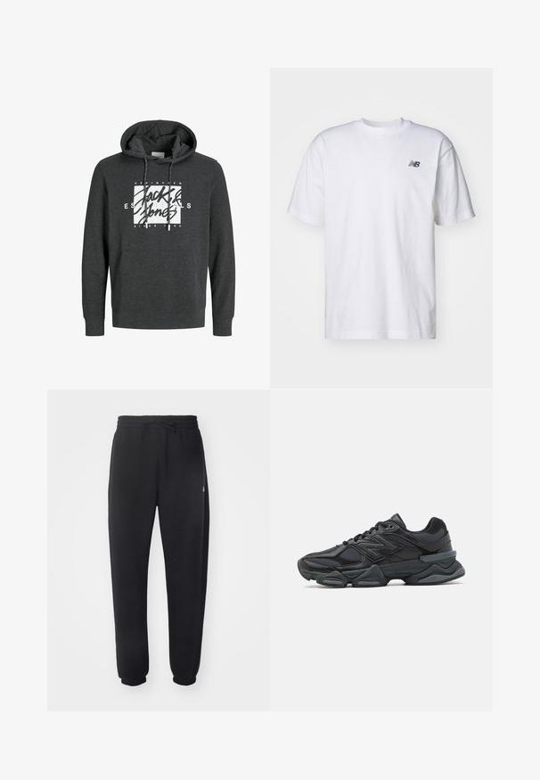 Tmavohnedá mikina vyrobená z mäkkého materiálu, s predným vreckom, šnúrkou na kapucni a veľkým bielym grafickým logom na hrudi.; Biele tričko s krátkym rukávom a okrúhlym výstrihom s malým čiernym logom New Balance na ľavej hrudi na jednoduchom pozadí.; Čierne tepláky vyrobené z mäkkého materiálu s elastickým pásom, šnúrkou na stiahnutie a zúženými manžetami, s jemným logom na boku.; Čierna bežecká obuv so zmesou sieťoviny a syntetických materiálov, robustnou podrážkou, zakriveným dizajnom a výrazným logom na boku.