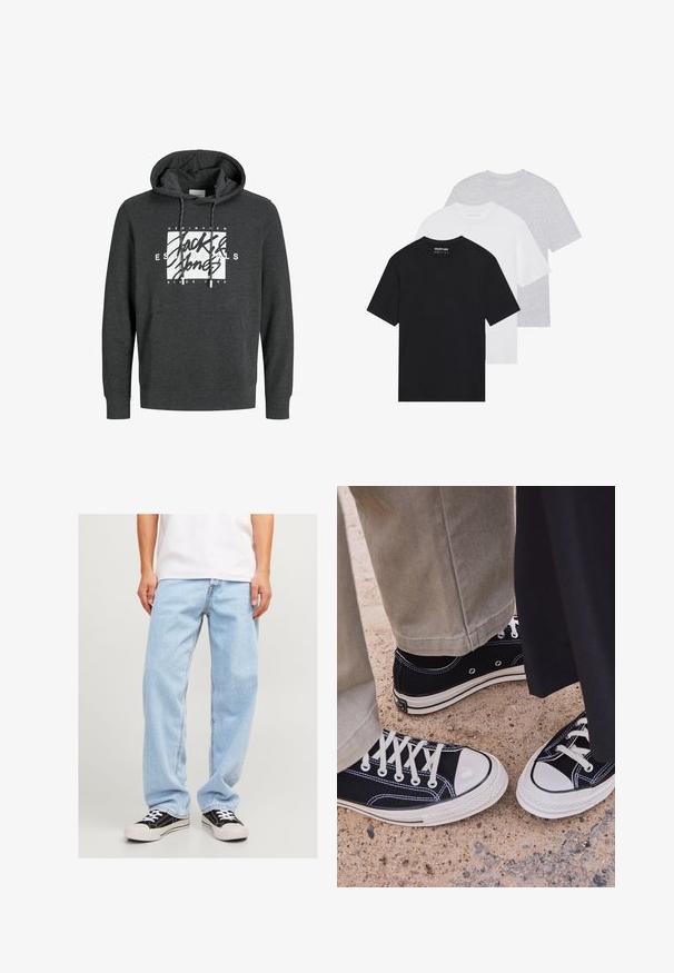 Donkergrijze hoodie gemaakt van zacht materiaal, met een voorvak, een capuchon met koord en een groot wit grafisch logo op de borst.; Set van drie basic t-shirts in zwart, wit en lichtgrijs. Korte mouwen, ronde hals, gemaakt van gladde katoenstof. Merkl logo zichtbaar.; Lichtblauwe denim jeans met een relaxed fit, met een rechte pijp en standaard stiksels, gecombineerd met zwarte sneakers.; Zwarte canvas sneakers met witte rubberen neuzen en veters. Contrasterende stiksels en metalen oogjes voegen detail toe. Gecombineerd met beige broek en zwarte stof.