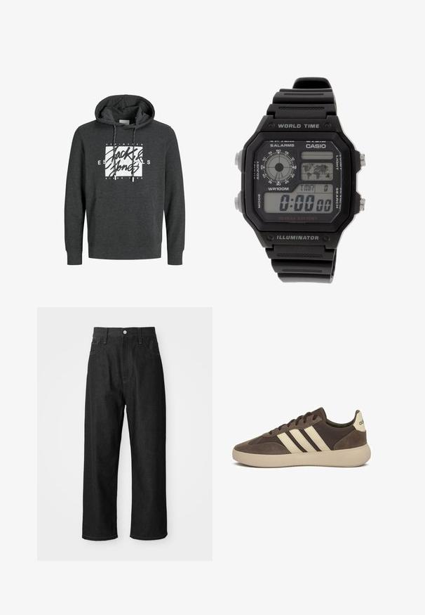 Donkergrijze hoodie gemaakt van zacht materiaal, met een voorvak, een capuchon met koord en een groot wit grafisch logo op de borst.; Zwarte denim broek met een relaxte pasvorm, hoge taille, ritssluiting en vijf-pocket ontwerp. Duidelijke stiksels als accent door het hele ontwerp.; Bruine suède sneaker met drie witte strepen, afgeronde neus, dikke rubberen zool en minimale branding op de hiel.; Digitale polshorloge met een zwarte rubberen band, rechthoekige kast en lens. Weergave van tijd, wereldtijdkaart, en knoppen voor alarm en licht.