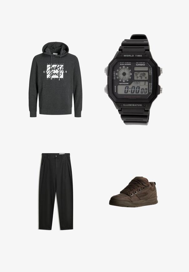 Dark gray hoodie made of soft material, featuring a front pocket, drawstring hood, and a large white graphic logo on the chest.; Black cotton trousers with a relaxed fit, featuring a classic waistband, front pleats, and side pockets. Smooth texture without patterns.; Brown athletic shoes made of smooth synthetic material. Features thick laces, mesh accents, padded collar, and textured rubber sole.; Digital wristwatch with a black rubber strap, rectangular case, and lens. Displays time, world time map, and buttons for alarm and light.