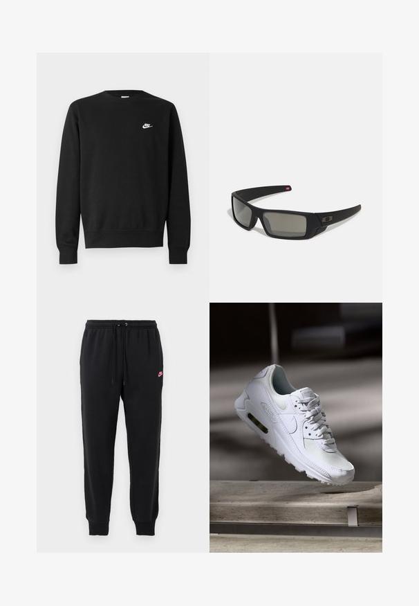 Črna majica s kapuco, okroglo izrezano ovratnikom, dolgimi rokavi in rebrastimi manšetami. Na prsih je majhen bel logotip Nike. Mehka tekstura.; Črne trenirke iz mehkega materiala z elastičnim pasom, nastavljivo vrvico in majhnim rožnatim logotipom Nike na levi strani.; Bela Nike Air Max 90 športna obutev z mrežastim in usnjenim zgornjim delom, perforiranim prstnim delom in vidno zračno enoto v peti.; Crne sončne naočale s mat površinom, pravokutne leće, blagi luk na sljepilima, diskretna oznaka i leće sa dimnim nijansama.