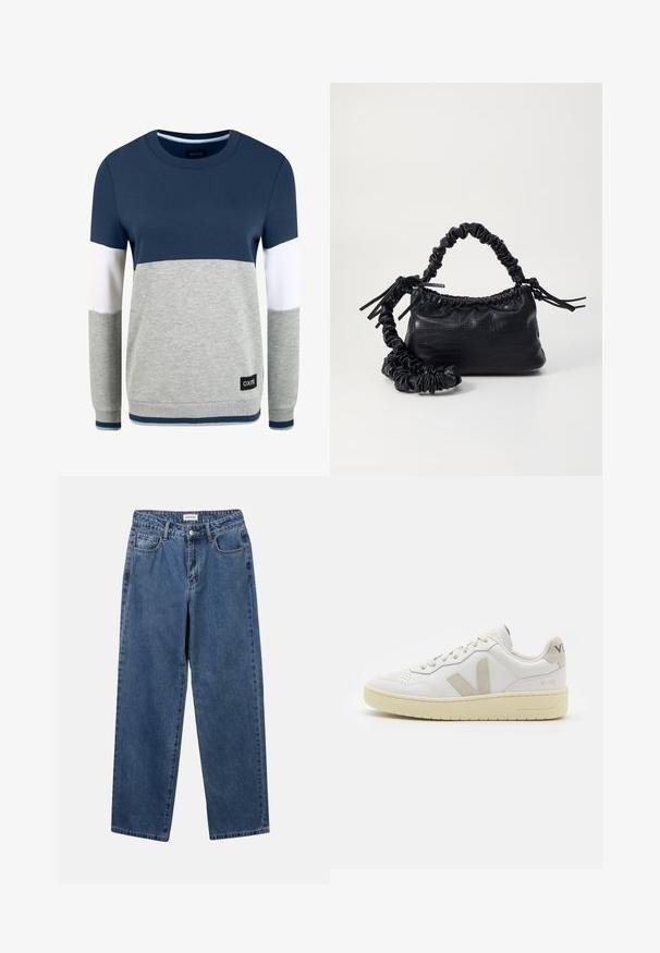 Oxmo OXOMAYA - Melegítőfelső - insignia blue; Klasszikus kék farmernadrág egyenes szárú dizájnal, öt zsebbel és gombos zárással. Közepes mosású és strapabíró textúrával rendelkezik.; Fehér bőr sneaker bézs velúr részletekkel, perforált orr résszel, lapos fűzőkkel és textúrált krémszínű talppal. Finom márkajelzés található a sarkán.; Fekete műbőr kézi táska krokodil bőr textúrával, összehúzható tetejű és gyűrt pánttal. Lágy és kompakt dizájnúnak tűnik.