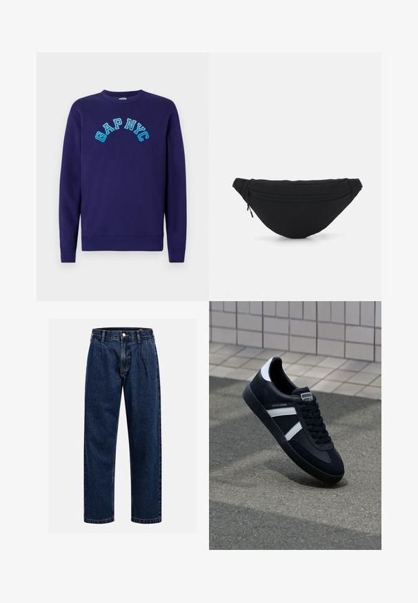 Marineblauwe sweatshirt van katoen, met de tekst "GAP NYC" in lichtblauw geborduurd in boogvorm op de voorkant. Klassiek ronde halslijn.; Donkerblauwe denim jeans met een rechtlopende pasvorm. Beschikt over zichtbare stiksels, een knoopsluiting en voorste plooien voor extra detail.; Zwarte leren sneaker met witte strepen, een gestructureerde rubberen zool en vetersluiting aan de voorkant. Voorzien van een merklabel op de tong.; Zwarte stof heuptas met een afgeronde vorm, voorzak met rits en een gladde textuur. Geen zichtbare patronen of accenten. Lichtgewicht ontwerp.