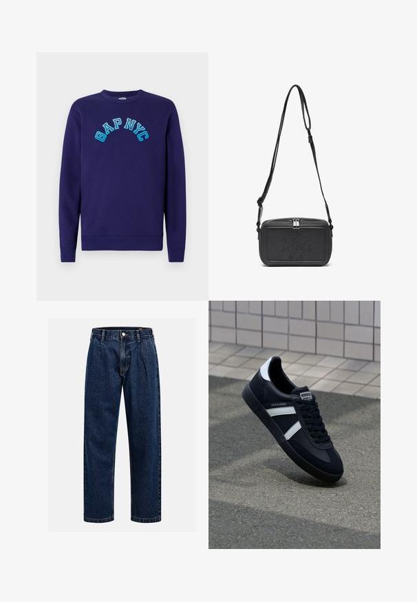 Sudadera marina hecha de algodón, con el texto "GAP NYC" en estilo de arco bordado en azul claro en el frente. Cuello redondo clásico.; Jeans de mezclilla azul oscuro con un diseño de pierna recta. Presentan costura visible, cierre de botón y pliegues frontales para un detalle adicional.; Zapatilla de cuero negra con rayas blancas, suela de goma texturizada y parte frontal con cordones. Cuenta con una etiqueta de marca en la lengüeta.; Bolso cruzado de piel negra con cierre de cremallera, logotipo embossing en el frente y correa ajustable. Textura suave con forma rectangular.