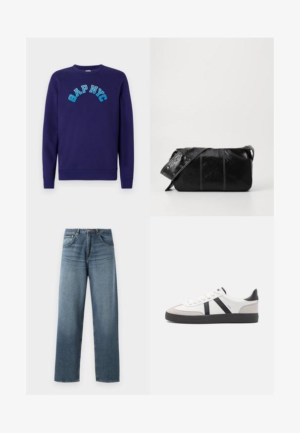 Tengeri kék pamut pulóver, amelynek elülső részén világoskék hímzett írásban szerepel a "GAP NYC" felirat. Klasszikus kerek nyakú fazon.; Egyenes szárú kék denim farmernadrág, kopott mosással, öt zsebes kivitelezéssel, fém gombbal és övhurkokkal. Közepes súlyú, strukturált anyag.; Fehér sneaker fekete és szürke részletekkel, textúrált szürke orr résszel, fekete gumitalppal és lapos fehér fűzőkkel. Tiszta dizájn, minimalista stílus.; Fekete bőr válltáska, cipzárral zárva, texturált felülettel, fehér varrással és ezüst fémgyűrűs pánttal.