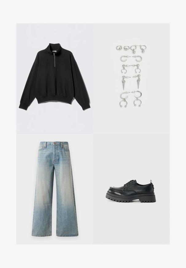 Musta collegetakki, jossa on korkea kaulus ja puolikas vetoketju, varustettu roikkuvilla hartioilla ja resorireunuksella. Valmistettu pehmeästä, teksturoidusta kankaasta.; Vaaleansiniset leveälahkeiset farkut, jotka on valmistettu denimistä. Ominaisuuksiin kuuluu korkea vyötärö, nappikiinnitys ja hillitty häänteys sekä sileä pinta ja ommellut saumat.; Musta tukeva nahkakenkä, jossa on paksu, jykevä pohja ja metallinapit varpaan alueella, valokuvattu vaaleaa taustaa vasten.; Sarja hopeisia korvakoruja, joissa on erilaisia muotoiluita: rengas-, nappi- ja roikkuvat tyylit, joissa on pallomaisia korostuksia ja teräviä elementtejä.