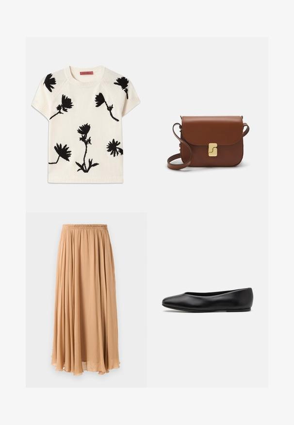 Maglione a maniche corte color crema con ricami floreali neri. Collo rotondo e orlo a coste. Tessuto morbido con vestibilità rilassata.; Gonna maxi in beige chiaro, realizzata in tessuto fluido. Presenta una vita elastica arricciata e morbide pieghe per il movimento.; Paul Smith TOPANGA - Ballerine - black; Borsa a tracolla in pelle marrone con chiusura a pattina, hardware color oro, tracolla e una finitura liscia. Forma rettangolare compatta.