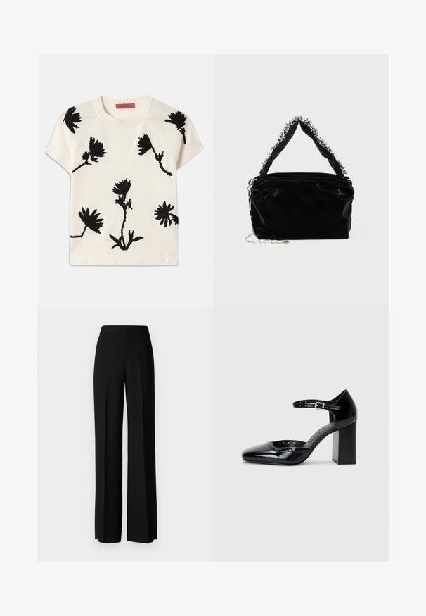 Krems krāsas īsais piedurkņu džemperis ar melnu ziedu izšuvumu. Apaļš izgriezums un ribota apakša. Mīksta tekstūra ar brīvu piegriezumu.; Melni platleği bikses ar gludu tekstūru, ar augstu jostasvietu un centrālajām krokām. Nav redzamu rakstu vai aparatūras detaļu.; Melna lakota ādas augstpapēžu kurpes ar kvadrātu purngalu, potītes siksniņu un masīlu papēdi. Iekļauj perforētu apdari gar malu.; Melnā mākslīgās ādas rokassomu ar teksturētu apdari, kas piedāvā pērlītēm rotātu sudraba akcentu augšējā rokturī un ķēdes siksnu.