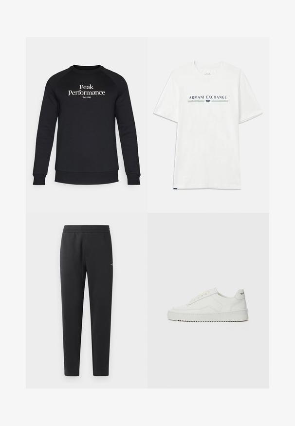 Peak Performance ORIGINAL CREW-BLACK-OFFWHITE - Felpa - black/offwhite; T-shirt bianca in cotone a maniche corte, con logo "ARMANI EXCHANGE" blu e verde e "1991" centrato sotto.; Pantaloni jogger neri realizzati in tessuto morbido, con vita elasticizzata, gambe dritte e un piccolo logo sulla parte laterale.; Sneaker in pelle bianca con una finitura liscia, punta rotonda, lacci piatti e suola testurizzata. Presenta un logo discreto sul tallone.