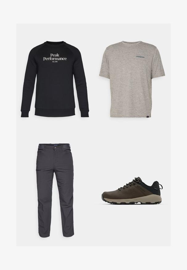 Peak Performance ORIGINAL CREW-BLACK-OFFWHITE - Sweatshirt - black/offwhite; Grå kortermet t-skjorte laget av mykt, teksturert stoff med en liten blå Patagonia-logo på venstre bryst. Ingen ekstra mønstre.; Mørkegrå bukser laget av slitesterkt stoff, med glidelåslomme, rett snitt og beltestropper for justerbar passform.; Brune vanntette joggesko med teksturert overdel, perforerte detaljer, svart hæl støtte og en grå gummisåle. Snøring er stilisert med metalliske ender.
