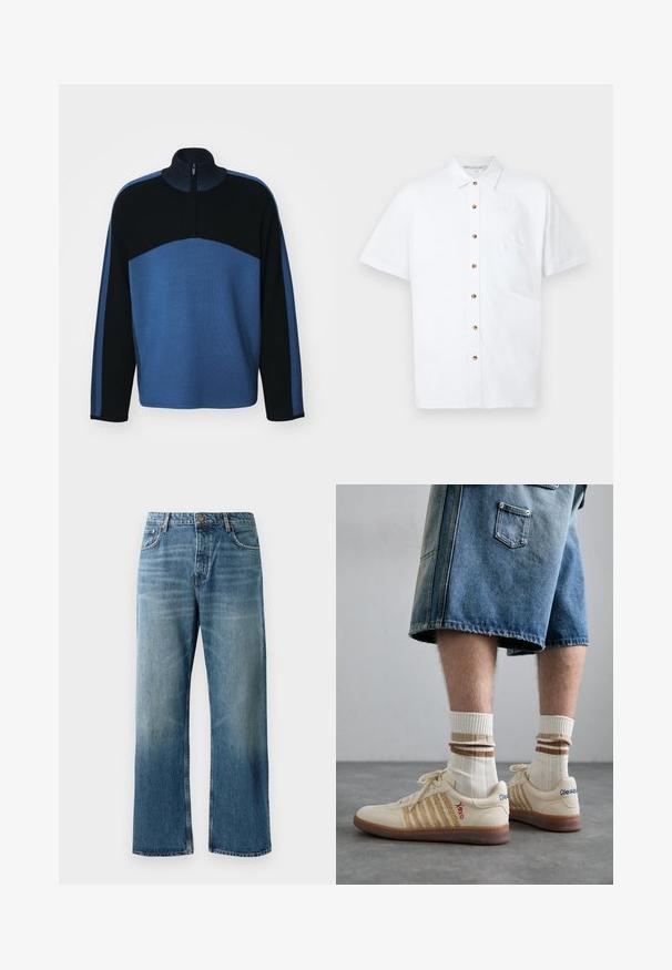 Sininen ja musta, ylös vetoketjulla suljettava pulloveri, jossa on korkea kaulus, ribattu pinta ja pitkät hihat; siinä on harmaanopeat tummansiniset väriblokit.; Valkoinen lyhythihainen liinapaita, jossa on nappisuljenta edessä, rintatasku ja puunappiakkesit.; Vaaleansiniset leveät farkut haalistuneella pesulla, joissa on nappisulku, viisi taskua ja erottuva tikkaus.; Beige retro lenkkarit ruskealla kumipohjalla, joissa on raidalliset yksityiskohdat ja brodeeratut logot. Yhdistetty valkoisten sukien kanssa, joissa on ruskeat raidat.