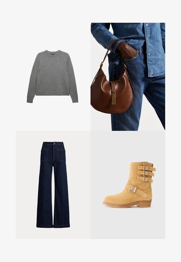 Harmaa neulepusero, jossa on pyöreä pääntie ja pitkät hihat. Varustettu ribbaetuilla hihoilla ja helmalla, valmistettu pehmeästä, teksturoidusta kankaasta.; Korkeavyötäröiset, tummansiniset leveälahkeiset farkut, joissa on viisi taskua ja erottuva tikkaus. Sisältää nappisuljin ja jämäkän muodon.; Keltainen mokkanilkkuri, jossa on kolme solkirihmaa sivulla, pyöreä kärki ja kerroksellinen puukanta. Pinta on teksturoitu pitämään paremmin.; Ruskea nahkainen hobo laukku pyöreällä muotoilulla, jossa on kultaiset yksityiskohdat ja kontrastiväriommeltu. Yhdistetty farkkupaitaan ja farkkuihin.