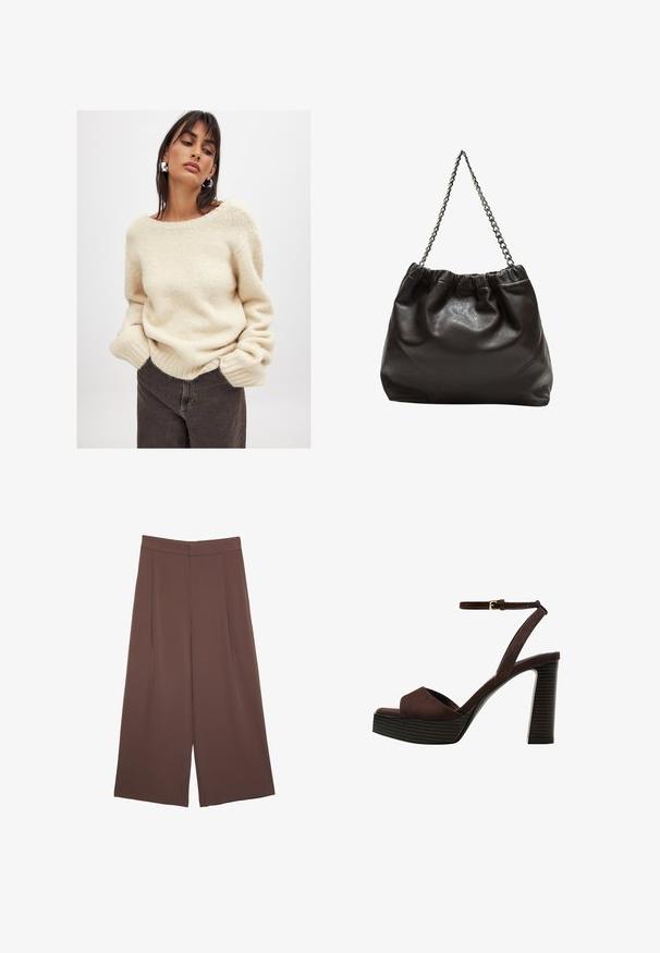 Beige, stickad tröja med vid halsringning och ribbade ärmslut, tillsammans med mörkbruna byxor. Mjuk, texturerad tygsynlighet.; Bruna vida byxor med en slät textur, som har hög midja och framfickor. Tyget är lätt och flödar löst.; Bruna mocka högklackade sandaler med öppen tå, justerbar vristrem och en randig plattformssula.; Brun läderväska med rynkad topp och kedjesnodd. Slät textur med en blankslipad yta och subtila sömdetaljer på sidorna.