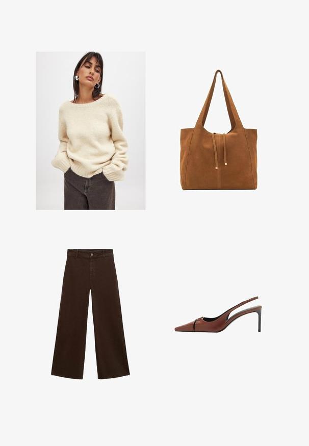 Beige, knitted sweater with a wide neckline and ribbed cuffs, paired with dark brown pants. Soft, textured fabric visible.; Brown wide-leg trousers in cotton blend, featuring a frayed hem, front button closure, and classic five-pocket design. Minimalistic and versatile.; Brown leather slingback heel with a pointed toe, cutout detail at the vamp, and a sleek stiletto heel. Smooth texture.; Brown suede tote bag with two long straps, drawstring closure, and minimalistic design. Smooth texture and no visible hardware accents.