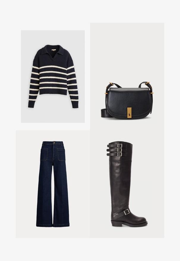 Marinblå randig tröja med krage, prydd med vita horisontella ränder, ribbade ärmslut och mjukt, texturerat stickat material.; Bredbenta mörkblå jeans i denim med hög midja, femficksdesign och kontrasterande sömmar. Har en knappstängning och en strukturerad form.; Svart läderstövel upp till knäna med rund tå, tre remmar med spännen upptill och en sidospänne-detalj. Platt sula och slät yta.; Svart läder crossbody-väska med böjd form, guldfärgad hårdvara och en detalj med platta fram som visar logotypen. Justerbar rem ingår.