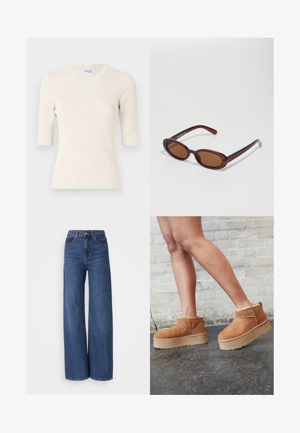 Ljus krämfärgad ribbad stickad topp med korta ärmar, rund halsringning och figurnära silhuett. Slät textur med vertikala ränder.; Högmidjade, vida jeans i mörkblå denim. Har fem fickor, bältesloopar och en urtvättad textur med kontrasterande sömnad.; Bruna mocka ankelskor med en fluffig foder, tjock beige plattformssula och en dragflik bak. Texturerad yta med synliga sömdetaljer.; Runda, bruntonade solglasögon med en glansig bordeauxfärgad ram. Smala bågar med subtilt varumärkesdetalj. Platt linsdesign.