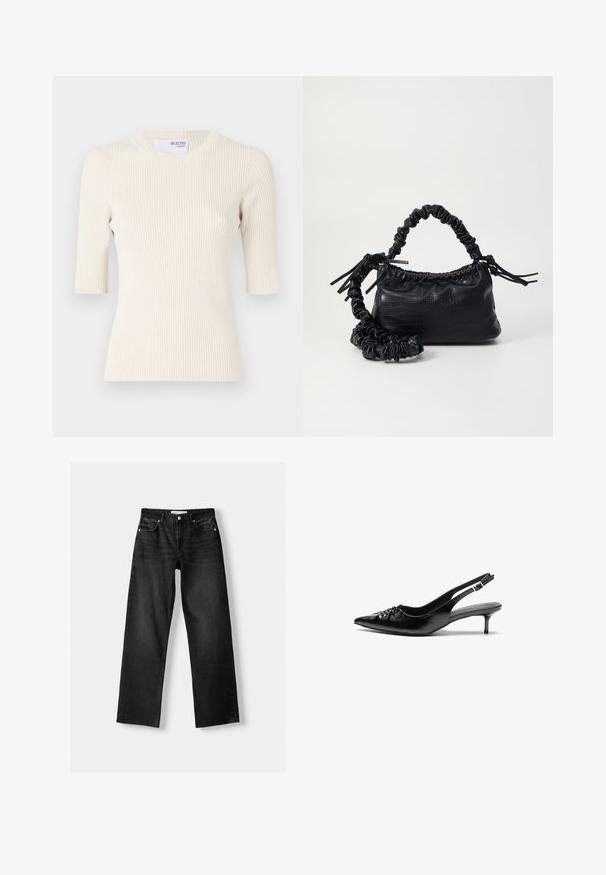 Světlý krémový pletený top s krátkými rukávy, kulatým výstřihem a přiléhavým střihem. Hladká textura s vertikálními pruhy.; Bershka Džíny Straight Fit - mottled dark grey; Černé kožené lodičky na slingback s špičatou špičkou, malým podpatkem typu kitten a ozdobným uzlem na přední straně. Hladký povrch po celém obvodu.; Černá kabelka z umělé kůže s krokodýlím vzorem, staženým vrškem a zmačkaným popruhem. Zdá se, že má měkký a kompaktní design.