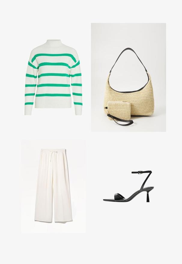 VILA VIRIL MOCK NECK - Vesta - white alyssum; Bijele široke hlače napravljene od laganog materijala, s elastičnim pojasom, vezicom i bočnim džepovima bez vidljivih uzoraka.; Bershka Sandale s visokom petom - black; Tkana torba od slame s zakrivljenom siluetom, koja sadrži glatku crnu kožnu naramenicu i odgovarajući mali neseser koji je pričvršćen narukvicom.