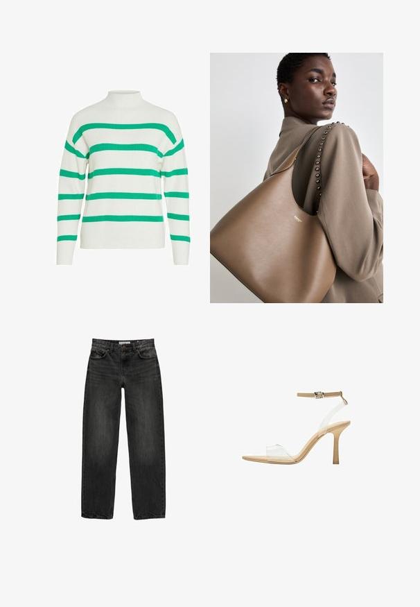 VILA - Sweter; Czarne dżinsy o luźnym kroju, prostych nogawkach, pięciu kieszeniach i lekko wypłowiałej strukturze. Zapięcie na guzik i suwak z przodu.; Przezroczysta sandał z obcasem, z przezroczystą cholewką, beżową wkładką i smukłym paskiem w okolicy kostki. Posiada spiczasty czubek i cienki wysoki obcas.; Brązowa skórzana torebka o gładkiej fakturze, z zaokrąglonym kształtem i metalowym logo. Pasek zdobiony jest dekoracyjnymi ćwiekami wzdłuż szwu.