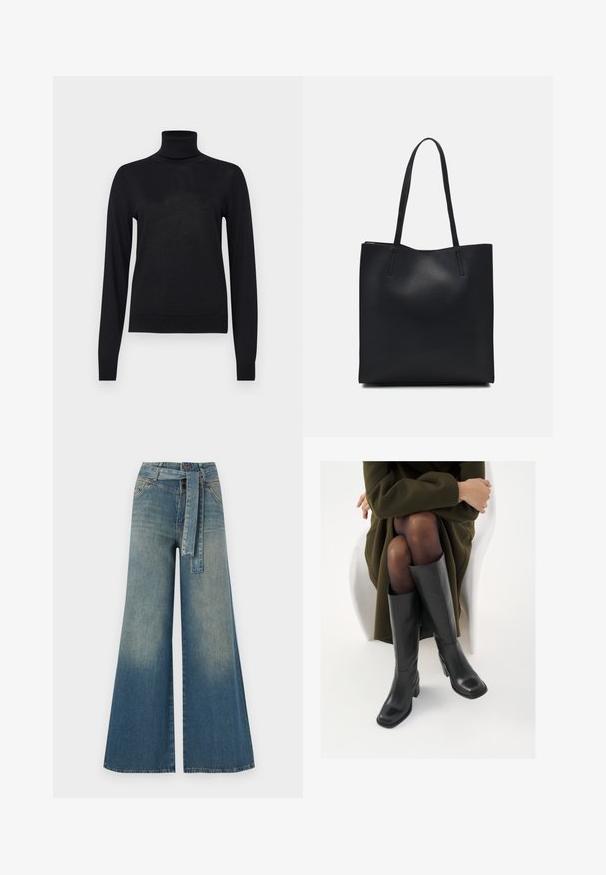 GAP Neule - black; Yksiväriset farkut leveällä lahkeella, joissa on vaaleasta tummansiniseen häipyvä väri, korkea vyötärö, vyölenkit ja yhteensopiva kangasvyö. Rakennefarkkujen pinta.; Polvisuoja mustat nahastossud, millel on ruudukujuline varvas ja plokk-kints, on esitatud mudeli seljas, kes istub oliivrohelises mantlis. Sile tekstuur, minimaalne detailitus.; Mustapahkainen kangaskassi, jossa on sileä pinta, suorakaiteen muotoinen ja kaksi pitkää kahvaa. Ei näkyvää metalliosaa tai koristeita.