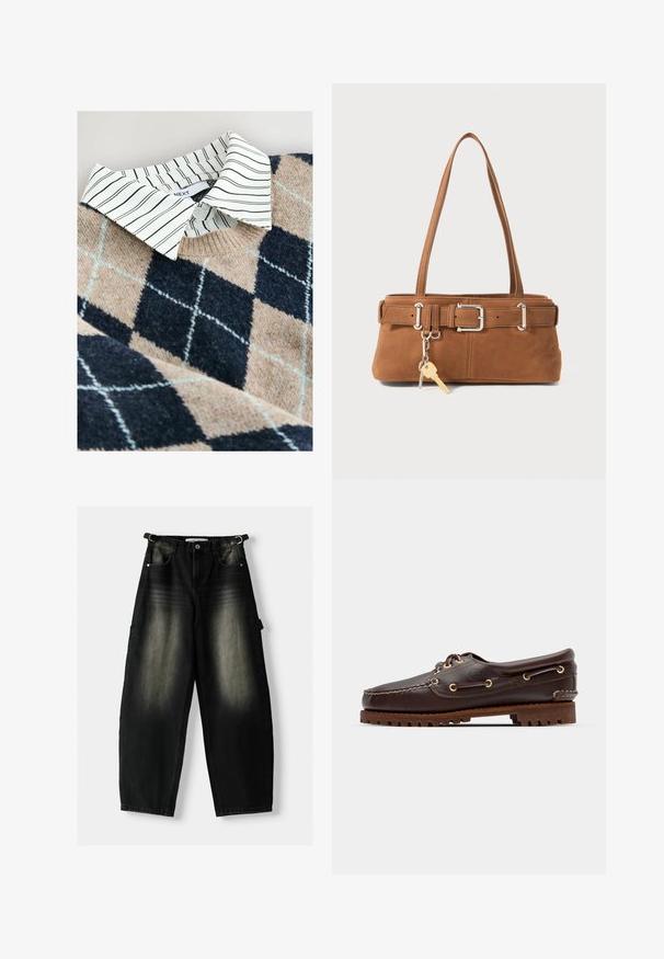 Gestrickter Pullover mit einem Fischgrätenmuster in Beige und Marineblau, darunter ein weißes gestreiftes Hemd mit Kragen und aus einem strukturierten, weichen Material.; Baggy schwarze Denim-Hose mit einem verwaschenen Textur, fünf Taschen und einer Schlaufe am Taillenbund. Das Design zeichnet sich durch eine lockere Passform und gerade Beine aus.; Braune Lederbootsschuhe mit goldenen Ösen, runden Schnürsenkeln und einer strukturierten braunen Gummisohle. Verfügt über genähte Details und ein erhabenes Logo.; Braune Wildleder-Handtasche mit strukturierter Form, silberfarbener Hardware, zwei Schulterriemen und einem dekorativen Schlüsselanhänger.