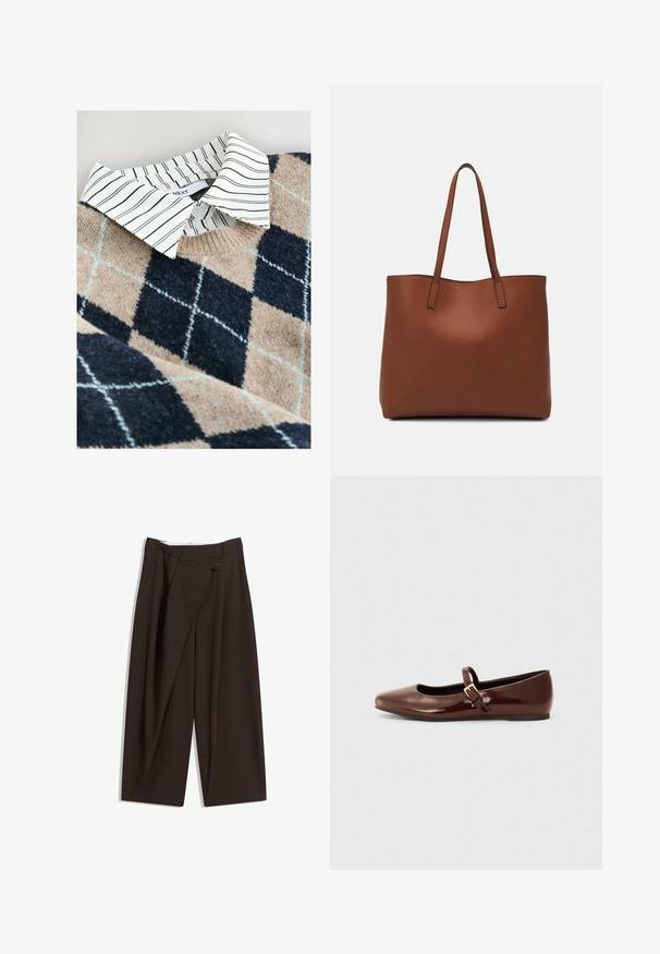 Gestrickter Pullover mit einem Fischgrätenmuster in Beige und Marineblau, darunter ein weißes gestreiftes Hemd mit Kragen und aus einem strukturierten, weichen Material.; Dunkelbraune, weite Hosen mit hohem Bund, die über einen einzigen Knopfverschluss und eine gefaltete Vorderseite verfügen. Hergestellt aus leichtem Stoff.; Braune Lackleder-Ballerinas mit quadratischer Zehenform und Riemen mit einer kleinen goldenen Schnalle. Glatte Textur, niedriger Absatz und minimalistisches Design.; Braune Leder-Tote mit glatter Textur, offenem Oberteil und zwei Schulterriemen. Verfügt über minimale Nähte und keine sichtbaren Beschläge.