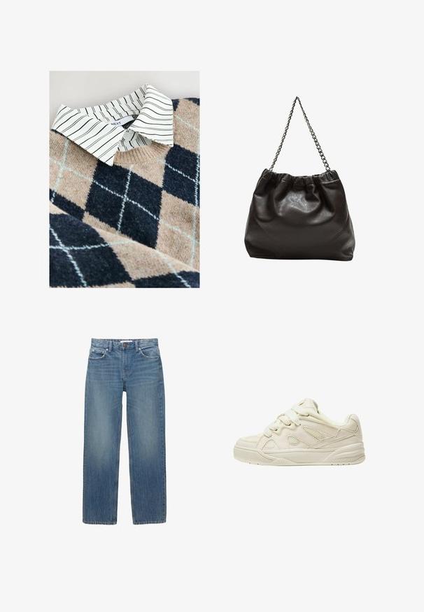 Pleteni pulover s bež in mornarsko modrim argyle vzorcem, pod katerim je bela srajca s črtami in iz teksturiranega, mehkega materiala.; Svetlo modri denim kavbojke s ravnim krojem, petimi žepi in bakrenimi dodatki. Tkanina ima rahlo zbledel videz in gladko teksturo.; Bež tenisice z teksturirano zgornjo površino, izrazitimi vezalkami, mrežastimi paneli in debelim podplatom. Ukrivljena zasnova z oblazinjeno ovratnikom za udobje.; Rjava usnjena torba z nabranim vrhom in verižnim trakom. Gladka tekstura z sijajno površino in subtilnimi šivi na straneh.