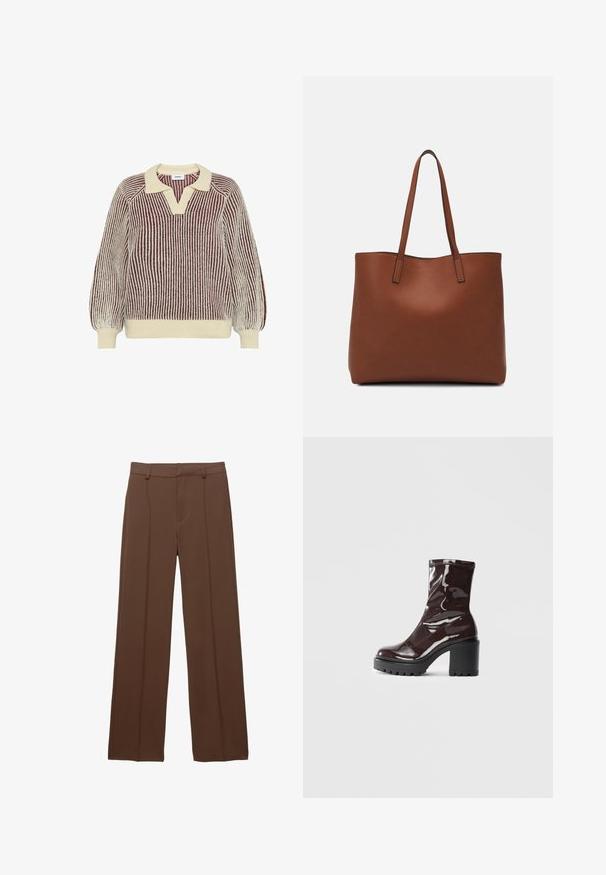 Moves DELLA - Jumper - sassafras; Brown, wide-leg trousers made from smooth fabric; features lined front pleats and a flat waistband with belt loops.; Glossy burgundy ankle boot with a chunky black heel, featuring a smooth texture and simple design. No visible fastenings or patterns.; Brown leather tote bag with a smooth texture, open top design, and two shoulder straps. Features minimal stitching and no visible hardware.