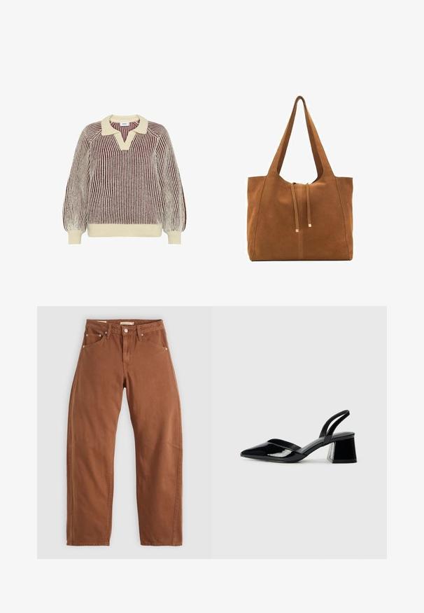 Moves DELLA - Striktrøje - sassafras; Rustbrune straight-leg jeans med for- og baglommer, metalnitter, knaplukning og bæltestropper, lagt fladt på en hvid baggrund.; Sorte patentlæder slingback hæle med spids tå og en geometrisk blok hæl. Har et elegant, minimalistisk design og en glat tekstur.; Brun ruskinds-tote med to lange stropper, snørelukning og minimalistisk design. Glat tekstur og ingen synlige hardware-detaljer.