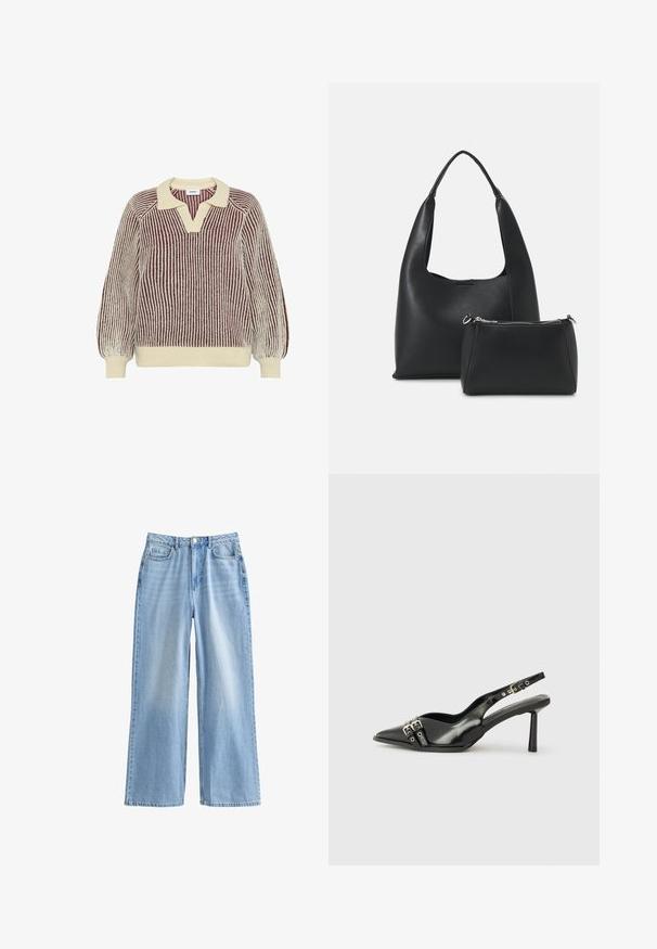 Moves DELLA - Jersey de punto - sassafras; Vaqueros de pierna ancha de color azul claro, confeccionados en denim. Presentan una cintura alta, dos bolsillos frontales y un ligero desvanecimiento. Tiro limpio y diseño estructurado.; Zapato de charol negro tipo slingback con punta afilada, correas al tobillo con hebillas y herrajes de plata, y un tacón delgado.; Even&Odd Bolso de mano - black