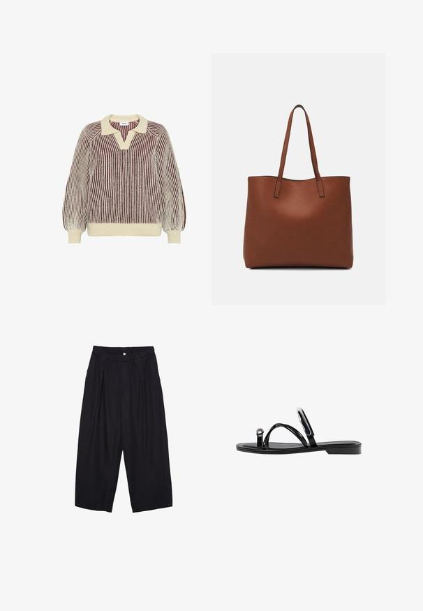Moves DELLA - Strickpullover - sassafras; Schwarze Polyester-Culotte mit einem elastischen Bund, zwei vorderen Falten und einer lockeren Silhouette. Keine sichtbaren Muster oder Hardware-Details.; Schwarze flache Sandalen mit glänzender Oberfläche, drei dünnen Riemen und einem runden Hardware-Detail an den Zehen. Elegantes Design mit einem minimalen Absatz.; Braune Leder-Tote mit glatter Textur, offenem Oberteil und zwei Schulterriemen. Verfügt über minimale Nähte und keine sichtbaren Beschläge.