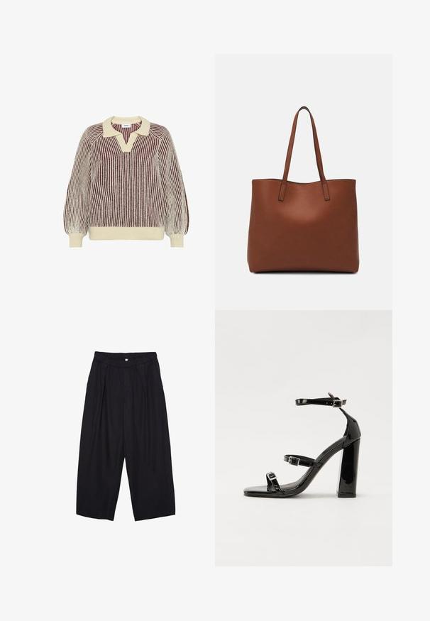 Moves DELLA - Jumper - sassafras; Black polyester culotte pants with an elastic waistband, two front pleats, and a loose silhouette. No visible patterns or hardware details.; Black patent heeled sandals with a square toe, ankle straps, and silver buckles. Features a chunky block heel for stability.; Brown leather tote bag with a smooth texture, open top design, and two shoulder straps. Features minimal stitching and no visible hardware.