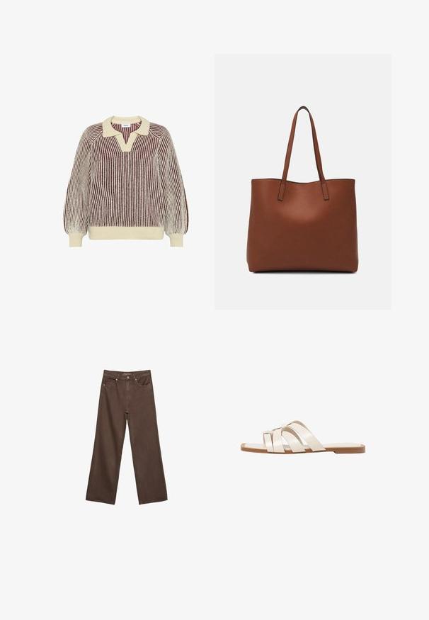 Moves DELLA - Pullover - sassafras; Jean brown à jambes larges en denim, doté d'une taille haute, de poches avant et d'une fermeture à bouton classique. Texture lisse avec des coutures subtiles.; Sandales plates avec une semelle en caoutchouc beige, conçues avec trois brides en cuir blanc se chevauchant et un petit nœud au centre.; Sac fourre-tout en cuir marron avec une texture lisse, design à ouverture supérieure et deux poignées pour le porter à l'épaule. Présente des coutures minimales et aucun matériel visible.