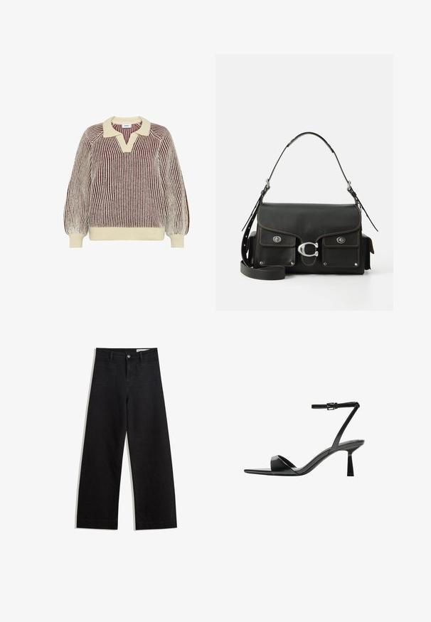 Moves DELLA - Strickpullover - sassafras; Schwarze weit geschnittene Jeans mit hoher Taille, ausgestattet mit Vorder- und Hintertaschen, gesteppten Nähten und einem Knopfverschluss. Glatte Textur.; Bershka High Heel Sandalette - black; Schwarze lederne Handtasche mit Klappenverschluss, silbernen Beschlägen, zwei Vordertaschen, kontrastierenden Nähten und einem abnehmbaren Schultergurt.
