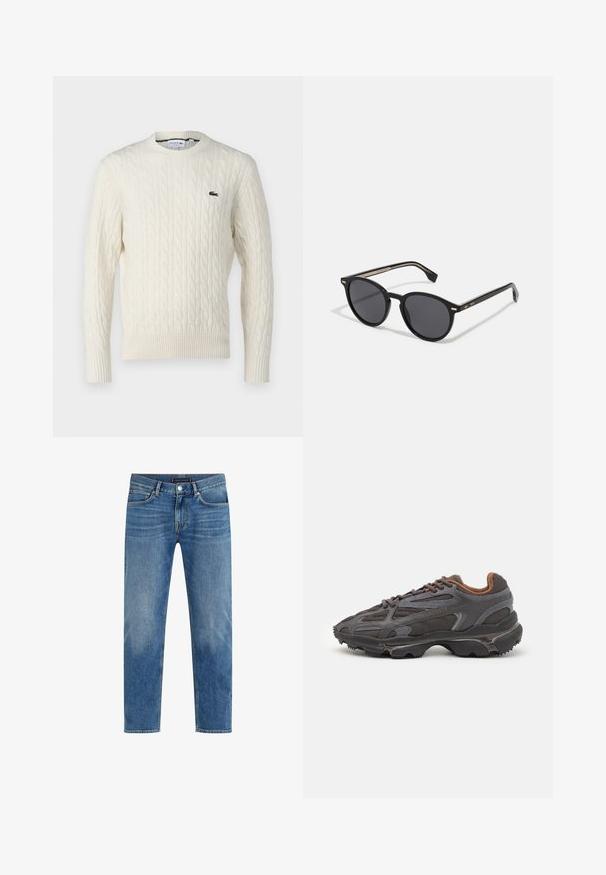 Krämfärgad kabelstickad tröja med rund halsringning, ribbade ärmslut och nederkant, samt en grön Lacoste-logotyp på bröstet. Strukturerad tyg ger extra detalj.; Röd bomullströja med korta ärmar, rundad halsringning och en liten logotyp på vänster bröst. Slät textur och normal passform.; Ljusblå denimjeans med rak bendesign, blekt tvätt, femfickorsdesign, kontrasterande sömmar och knäppning fram.; Lacoste-sneakers i mörkgrått med nät och syntetmaterial, med en strukturerad sula och bruna detaljer på kragen och varumärket.; BOSS Solglasögon - black