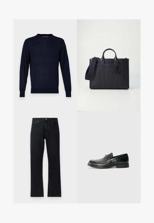 Tumedane sinise värvi pika varrukaga kampsun, mis on valmistatud siledast ja kergest kangast. Omab ümarat kaelust ning soonikkoes varruka- ja alusservi. Minimalistlik disain.; Mustmustest mustreht relvke, millel on sirge lõige, nööbiga sulgemine, viie-tasku stiil ja tagasihoidlikud õmblusdetailid.; Mustad nahast loafers, millel on ümar nina, kokku õmmeldud disain, väike eesmine rihm varustuse detailidega ja lame kummitald.; Tumedat mere nahkbriefcase kahekordsete ülemiste käepidemetega ja eemaldatava rihmaga. Omab tekstureeritud viimistlust, vertikaalset õmblust ja logodetaili.