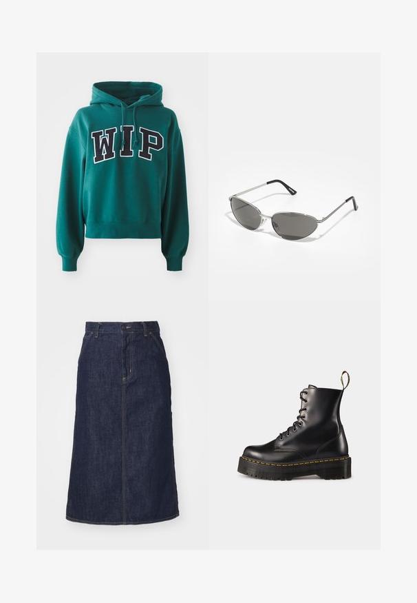 Zaļš apgrieztais kapuci ar aukliņu. Priekšpusē ir izteikts melns un balts "WIP" raksts. Mīksta auduma ar ribota raksta piedurknēm.; Tumša zila džinsu svārku ar augstu jostasvietu, taisnu piegriezumu, priekšējām kabatām un šuvēm. Iekļauta rāvējslēdzēja un pogas aizdare jostasvietā.; Melnas ādas lakotās potītes ar masīvu melnu zoli un dzelteno šuvju. Izvērsta cilpa aizmugurē un apaļie metāla acu caurumi.; Saulesbrilles ar elegantu sudraba metāla rāmi, pelēkās nokrāsas lēcām un aerodinamisku dizainu, kas izceļas ar izliektiem stūriem un plānām kājām.; Sudraba gredzenveida auskari ar savītu dizainu, kas ir ar pulētu apdari un ar aizmugurēju fiksāciju. Izmērs ir aptuveni 3 cm diametrā.
