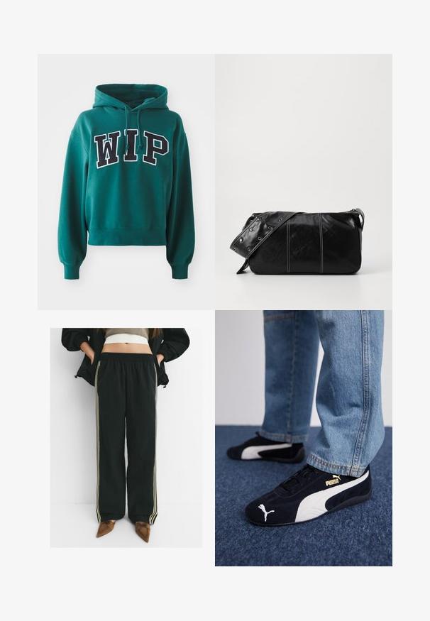 Groene crop hoodie met een trekkoordcapuchon. Beschikt over gedurfde zwart-wit "WIP" letters op de voorkant. Zachte stof met geribbelde manchetten.; Zwarte, loszittende joggingbroeken met een elastische tailleband en zijzakken, voorzien van contrasterende lichtbeige strepen langs de benen.; Zwarte suède sneakers met witte accenten, voorzien van een gouden logo. Gemaakt met lichtblauwe spijkerbroek en geplaatst op een textuur blauwe ondergrond.; Zwarte leren schoudertas met een ritsluiting, voorzien van een gestructureerd lichaam, witte stiksels en een band met zilveren oogjes.