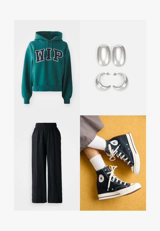 Roheline lühike kapuutsiga sviitri, millel on paeltega kapuuts. Esiküljel on julged mustade ja valgete "WIP" tähestikud. Pehme kangas ja soonikkoes varrukad.; Mustad laiad püksid elastse vöökohtaga, valmistatud pehmest kangast, millel on sile tekstuur ja puhas disain.; Mustad mustad kanvas sneakerid valgete paelte ja kummitaldadega, millel on ümmargune Converse All Star logo välisküljel.; Hõbedast kõrvarõngaste komplekt: kaks ovaalset kinnitust ja kaks poolkuu kujulist rippuvat kõrvarõngast, millel on läikiv ja sujuv viimistlus ning ümar disain.