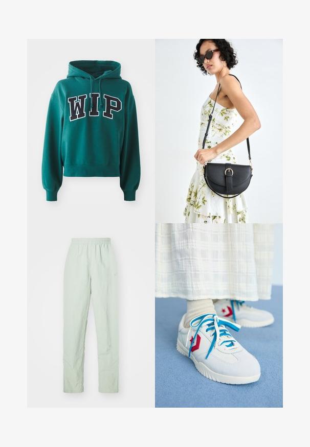 Groene crop hoodie met een trekkoordcapuchon. Beschikt over gedurfde zwart-wit "WIP" letters op de voorkant. Zachte stof met geribbelde manchetten.; Lichtgroene, lichte broek met een elastische tailleband. Recht gesneden ontwerp, met minimale textuur en een subtiele logodetail.; Witte sneakers met rode en blauwe accenten, textiel stof, platte veters, rubberen zolen en een logo-detail aan de zijkant. Draagt met lichte sokken.; Zwarte leren handtas met een gebogen vorm, afneembare schouderband en gouden hardware. De tas heeft een klep met een gespsluiting.
