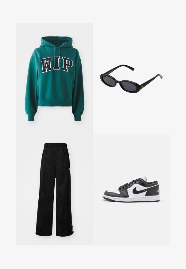 Haut court vert avec capuche à cordon. Présente des lettres « WIP » en gras noir et blanc sur le devant. Tissu doux avec des poignets côtelés.; Pantalons de survêtement larges noirs avec une taille élastique, ornés de bandes latérales blanches et d'un petit logo sur la hanche gauche. Texture de tissu lisse.; Des baskets basses Nike en noir et blanc présentent un cuir lisse sur le dessus, un bout rond, un système de laçage et une semelle extérieure en caoutchouc à motifs.; Lunettes de soleil noires surdimensionnées avec des verres ovoïdes, monture en plastique lisse et accents dorés sur les tempes. Les verres sombres offrent une protection contre le soleil.