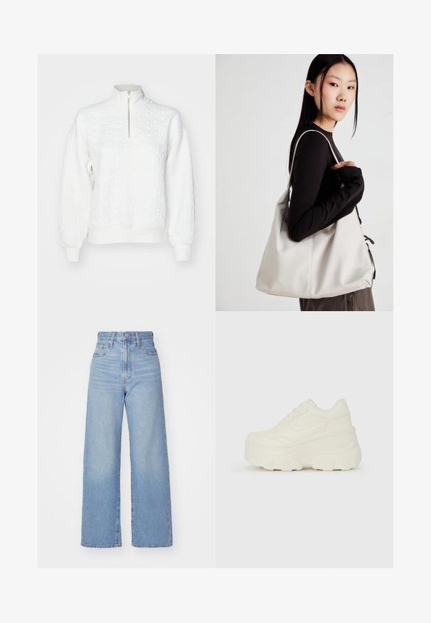 Pullover branco texturizado com gola alta e fecho de zip de um quarto. Apresenta tecido estampado, punhos canelados e uma faixa na cintura ajustada.; Jeans de cintura alta e perna larga em azul claro, com fecho frontal de botão e zíper, bolsos frontais e traseiros, sobre um fundo branco.; Tênis brancos de plataforma com um cabedal suave semelhante a couro, formato arredondado, colarinho acolchoado e sola de borracha texturizada com ranhuras bem definidas.; Uma bolsa bege feita de material macio, com um design descontraído, detalhes de costura e duas alças para o ombro. Adequada para uso diário.